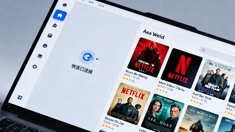 电脑屏幕上同时显示快连已连接和美国Netflix电影列表的对比画面