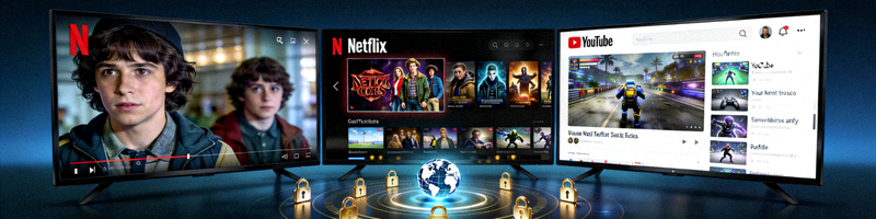 电视屏幕上播放Netflix和YouTube内容，代表解锁全球流媒体