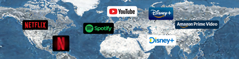 全球地图上叠加各种流媒体平台Logo，如Netflix、YouTube等