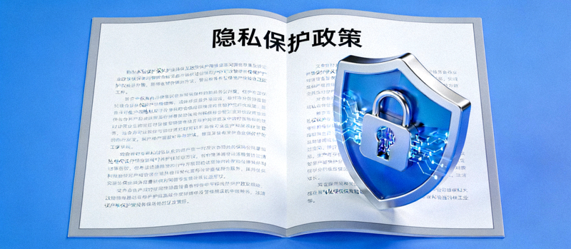 隐私保护政策文档与盾牌锁图标组合，象征对用户数据的严格保护承诺